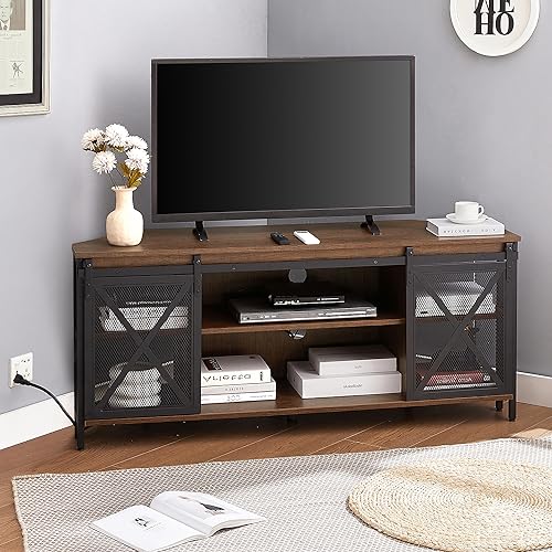 Industrial Brown Corner TV Stand with Storage for TVs Up to 60 Inch