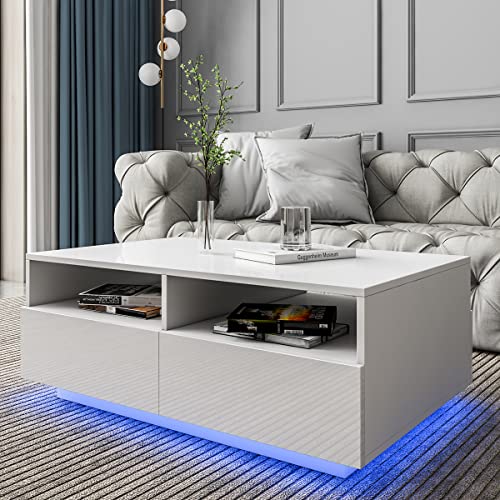 Modern White LED Coffee Table with 4 Drawers and 16 Colors