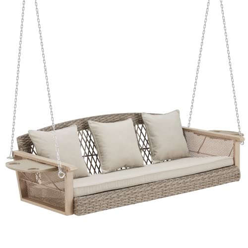 HOMREST 3-Person Porch Swing - Wicker Hanging Swing Bench with Cushions