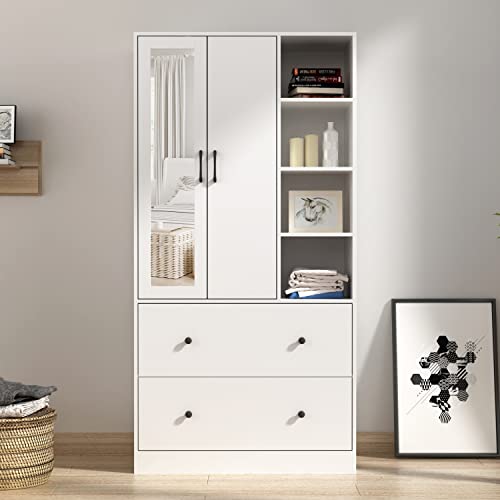 Homsee White Wooden Armoire Closet with Mirror and Storage