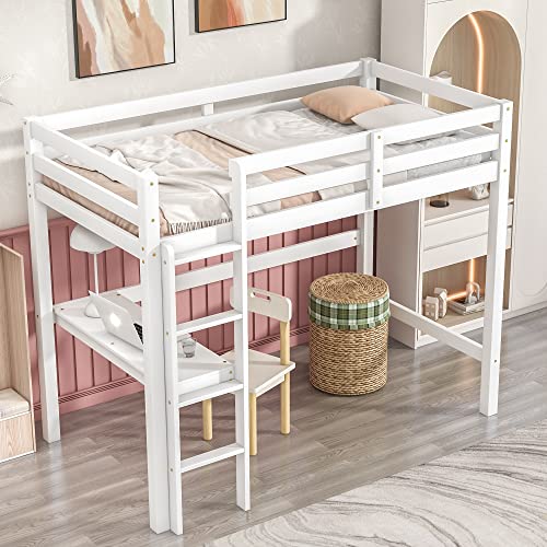 HomSof Twin Loft Bed with Built-in Desk, White