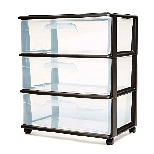 HOMZ 3-Drawer Wide Cart, Black Frame, Clear Drawers, 4 Casters, Set of 1