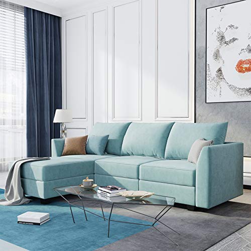 HONBAY Modern L-Shaped Reversible Sectional Sofa in Aqua Blue