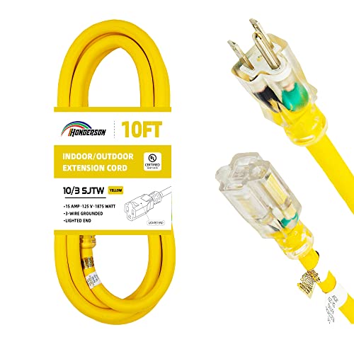 HONDERSON 10FT Outdoor Extension Cord - UL Listed Heavy Duty Yellow Cable