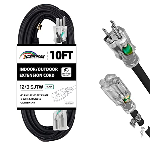 HONDERSON 10FT Outdoor Extension Cord - Heavy Duty Black Cable