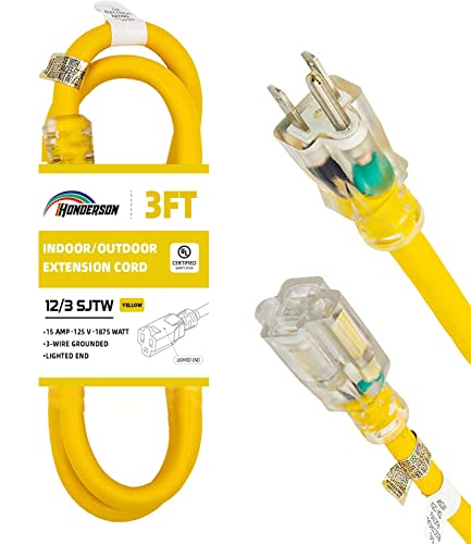 HONDERSON 3FT Outdoor Extension Cord - 12 Gauge SJTW Heavy Duty Yellow Cable