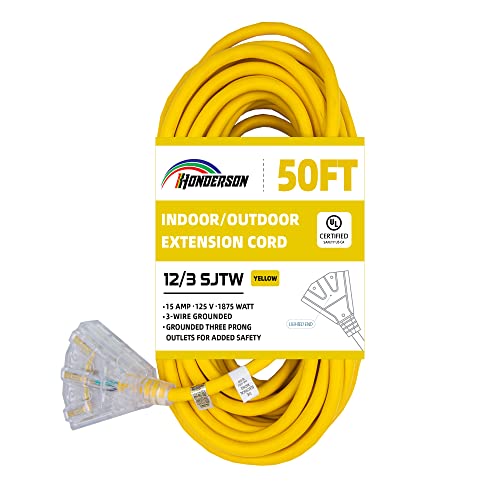 50 FT Lighted Outdoor Extension Cord with 3 Power Outlets - UL Listed