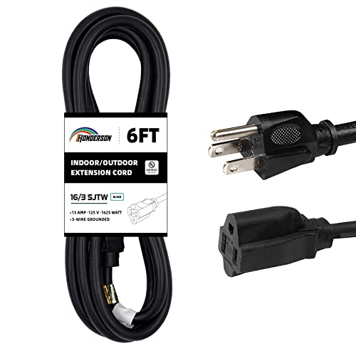 HONDERSON 6FT Outdoor Extension Cord-16/3 SJTW Durable Black Extension Cable with 3 Prong Grounded Plug for Safety