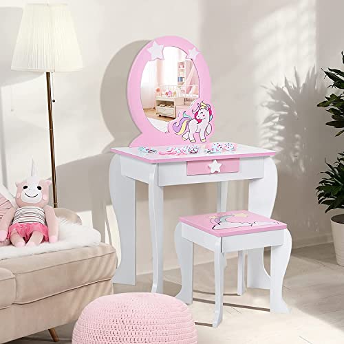 HONEY JOY Kids Princess Vanity Set with Mirror & Drawer, Unicorn White