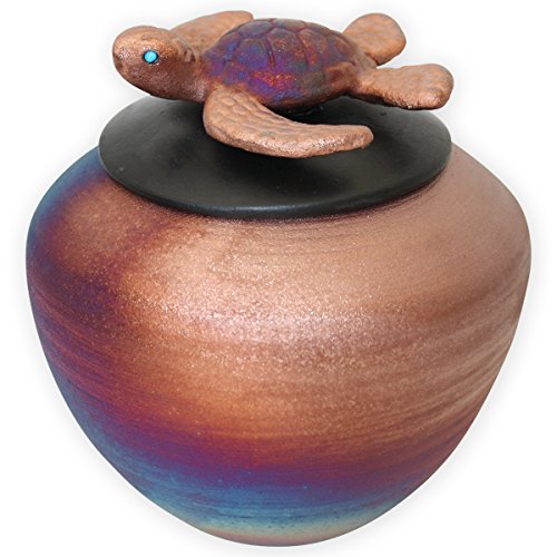 Honu Ceramic Small Cremation Urn - Handmade Funeral Urn Topped with a Sculpted Sea Turtle