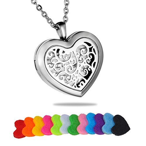 HooAMI Aromatherapy Essential Oil Diffuser Necklace Heart Pendant Stainless Steel Locket Pendant with 24 Inch Chain