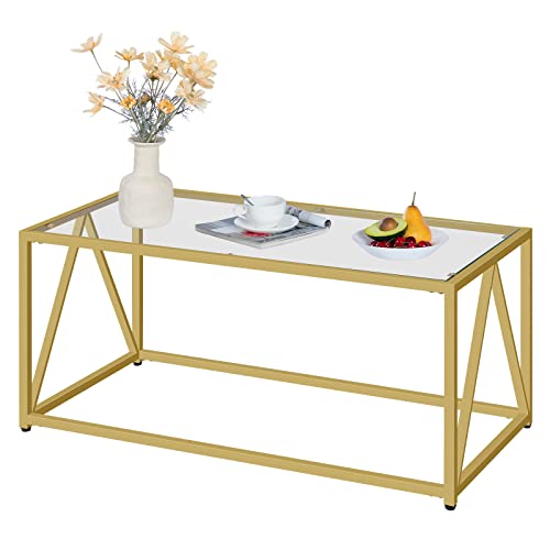 HOOBRO Glass Coffee Table, Gold Coffee Tables for Living Room