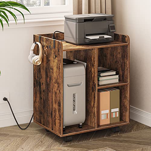 HOOBRO Rustic Printer Stand with Charging Station and Storage Shelves