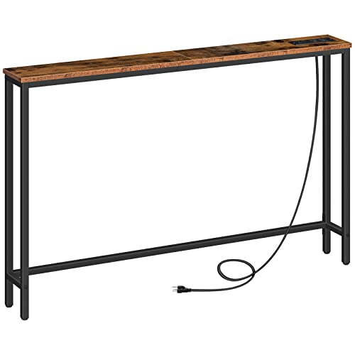 HOOBRO 5.9" Narrow Console Sofa Table, Power Outlets, 47.2" Long, Rustic Brown