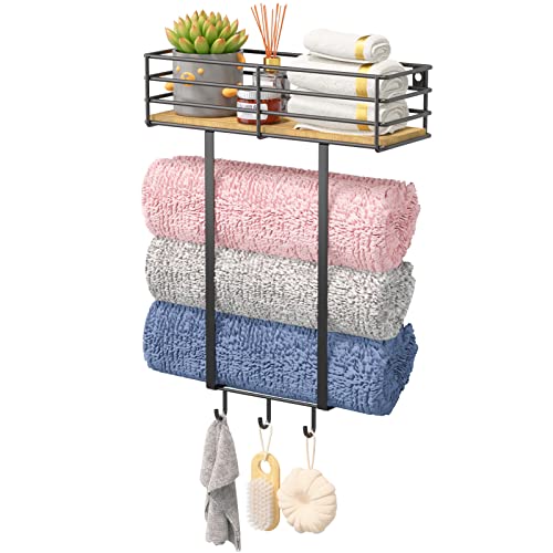 HOOOKIMM Bathroom Towel Rack with Shelf and Hooks