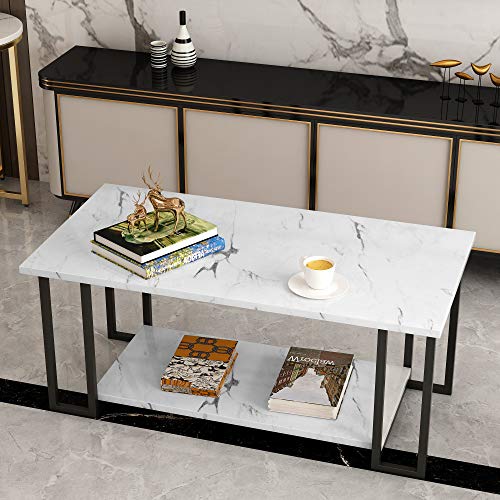 Hooseng Coffee Table, Black Base for Living Room-Faux Marble Rectangle Tabletop, 2 Layers, 39.4''L 20''W 18''D