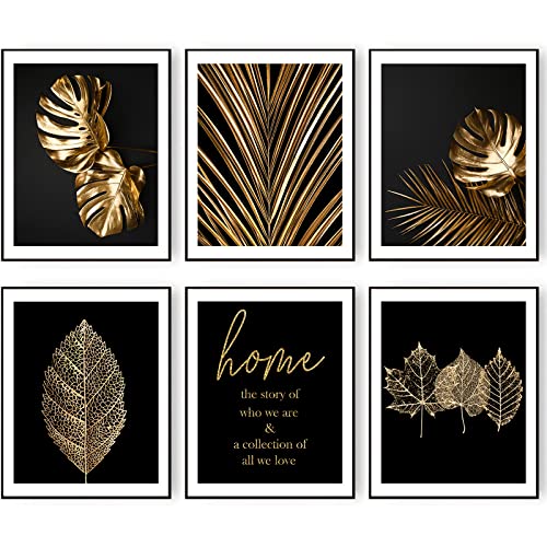 HoozGee Gold Leaf Art Prints Modern Black Gold Botanical Tropical Plant Leaves Art Wall Pictures Canvas Prints Gallery Wall Art Poster Wall Decor Bedroom Room Home Decor (8"x10" UNFRAMED)