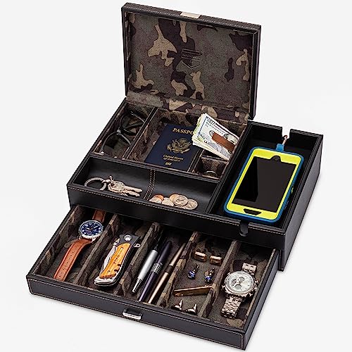 HOUNDSBAY Admiral Dresser Valet Box & Mens Jewelry Box Organizer - Watch Box Organizer for Men with Large Smartphone Charging Station (Camo)