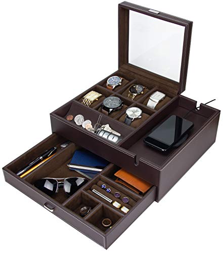 HOUNDSBAY Commander Dresser Valet Watch Box Case & Mens Jewelry Box Organizer