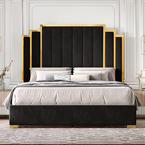 King Size Upholstered Bed with Golden Trim, Modern Platform, Black