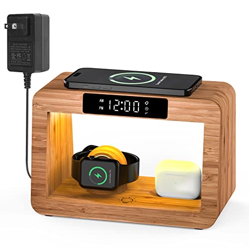 Bamboo Wireless Charging Station with Alarm Clock & Night Light