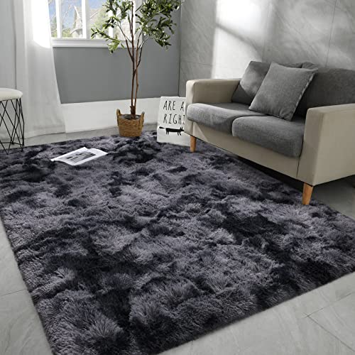 Hutha 5x8 Large Area Rugs for Living Room, Super Soft Fluffy Modern Bedroom Rug, Tie-Dyed Dark Grey Indoor Shag Fuzzy Carpets for Girls Kids Nursery Room Home Decor