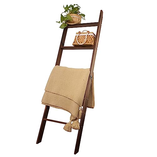 5-Tier Wooden Blanket Ladder Shelf in Brown" - HYBDAMAI