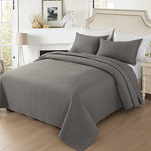 Hygge Hush Summer Quilt Set, Twin Size Dark Grey Leaves Pattern 2 Pieces Quilt Set, Oversized Modern Style Bedspread Set for All Season (1 Quilt & 1 Pillow Shams)