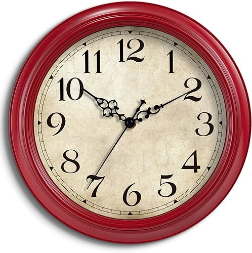 HYLANDA 12 Inch Red Wall Clocks - Vintage Silent Non Ticking Clock