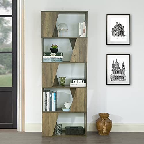 ICE ARMOR 5-Tier Industrial Etagere Wooden Bookcase Geometric Display Bookshelf and Room Divider Storage Shelving Unit in Washed Tan