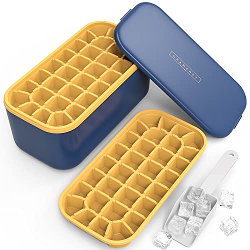 Ice Cube Tray with Bin - for Freezer with Lid and Scooper (Navy Blue)