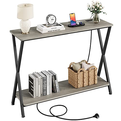 IDEALHOUSE 41.3” Rustic Grey Console Table with Outlet and Shelf