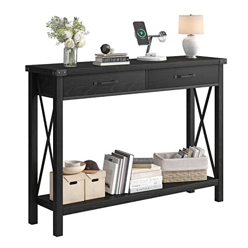 IDEALHOUSE Console Table with 2 Drawers, Farmhouse Sofa Table with Storage Shelf, Accent Wood Entryway Table for Living Room, Hallway, Foyer-Black