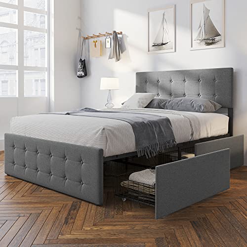 IDEALHOUSE Grey Upholstered Bed with Storage Drawers