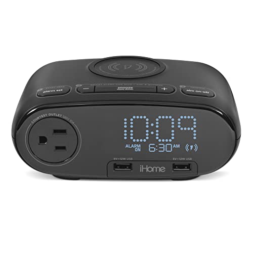iHome HW6B Charging Station with Wireless Charger, USB Ports, and Alarm Clock