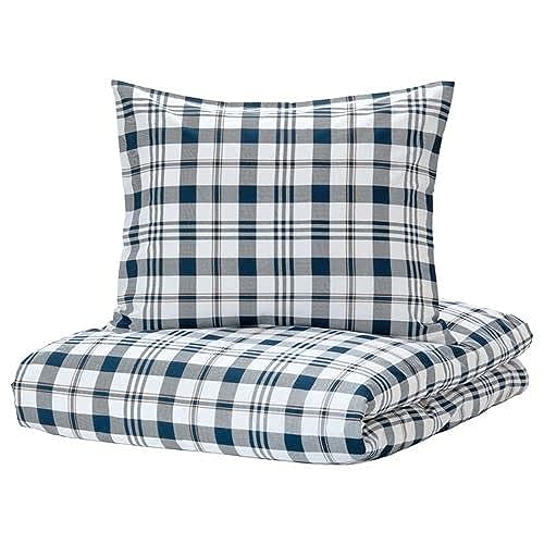 Ikea SPIKVALLMO Duvet Cover and Pillowcases - Wrinkle Resistant, White/Blue Check