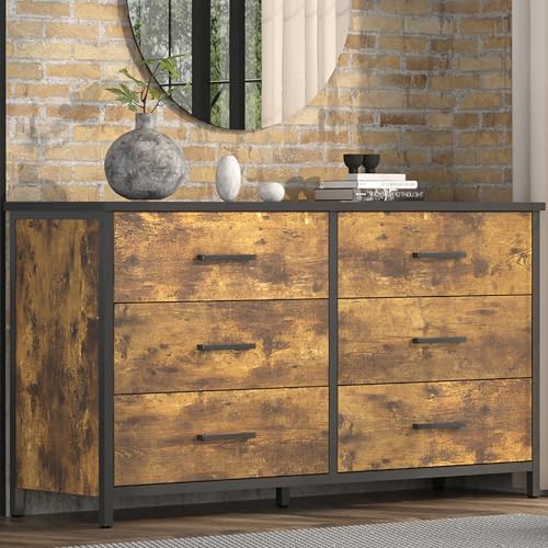 Industrial 6 Drawer Wood Dresser by IKENO - Steel Frame Bedroom Storage