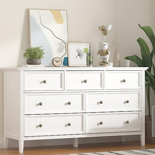 IKENO White 7 Drawer Dresser - Modern Solid Wood Storage Cabinet