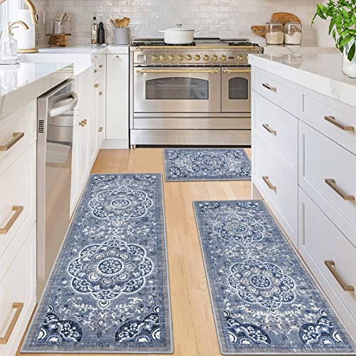 Floral Farmhouse Kitchen Rug Set with Non-Skid Runner
