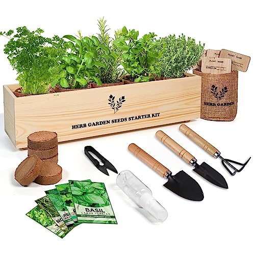 Indoor Herb Grow Kit with Complete Planting & Wooden Flower Box