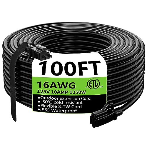 100ft Waterproof Black Extension Cord - Heavy Duty, Flexible, Cold-Resistant
