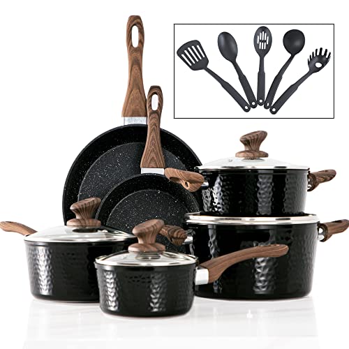 Induction Cookware Sets - 15 Pcs Black Hammered Cooking Pans Set