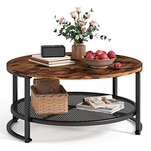 Industrial Round Coffee Table with Open Storage