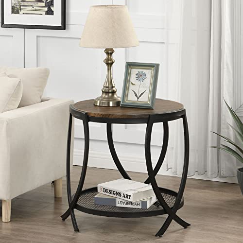 Industrial Round End Table with Storage Shelf