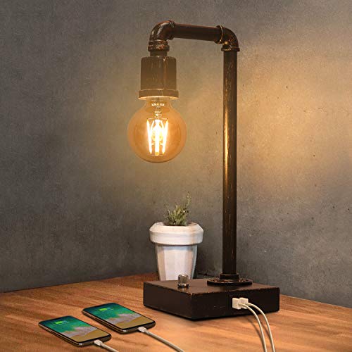 Steampunk Industrial Bedside Lamp with USB Charging and Dimmable LED Bulb