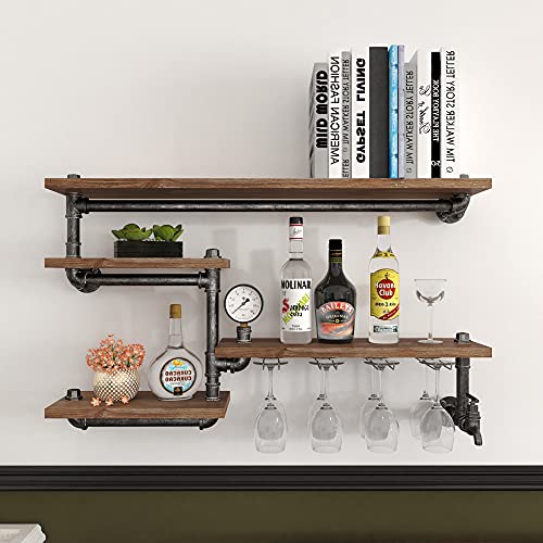 Industrial Wall Mounted Wine Rack with Glass Holder