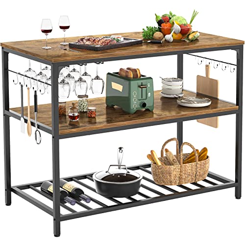 Industrial Wood & Metal Kitchen Island with Wine Rack & Glass Holder