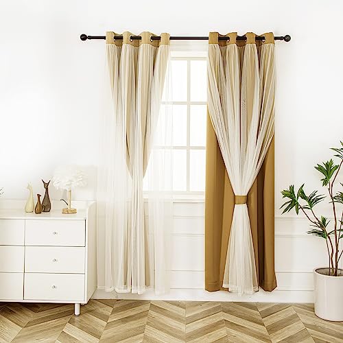 INLINAS Gold Blackout Curtains with Sheer Layer - Set of 2, 52 x 84 Inches