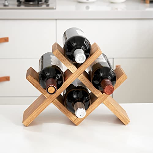 INMAN 4-Bottle Oak Wood Wine Rack for Kitchen and Bar, No Assembly Required