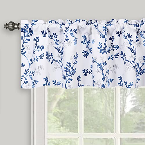 Inselnwald Navy Blue Valance for Windows, Watercolor Botanical Flowers Leaves Printed, Rod Pocket Window Treatments Navy and White Valances for Kitchen Cafe Living Bathroom 52 Inch by 14 Inch, Navy